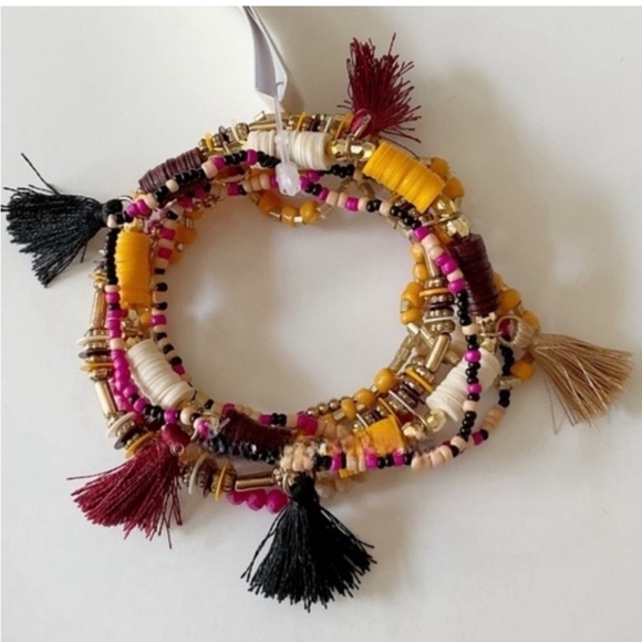 (69) 🍁New Fall🍁 Boho Yellow, Fuchsia And Tan Multi Strand Tassel Beaded Bracelet - Picture 3 of 6